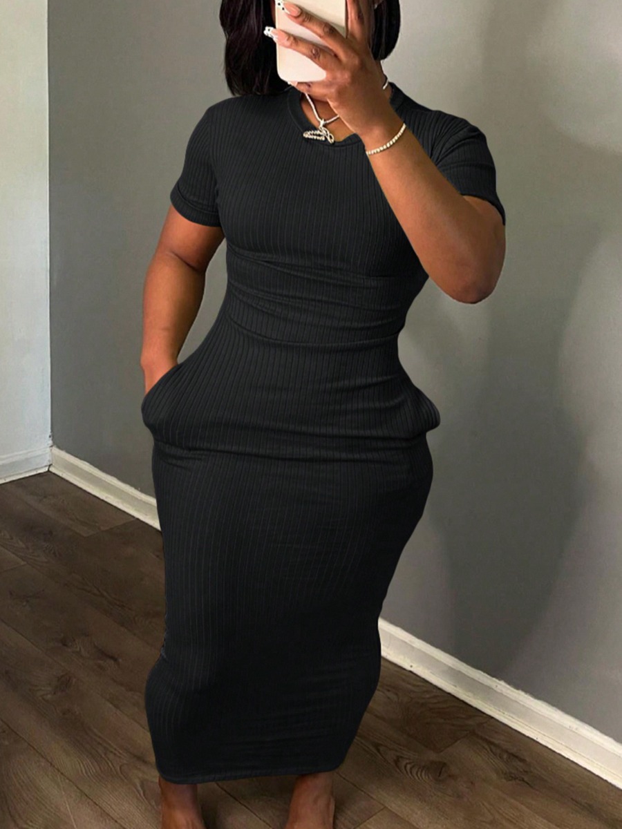 LW BASICS Round Neck Pocket Design Bodycon Dress