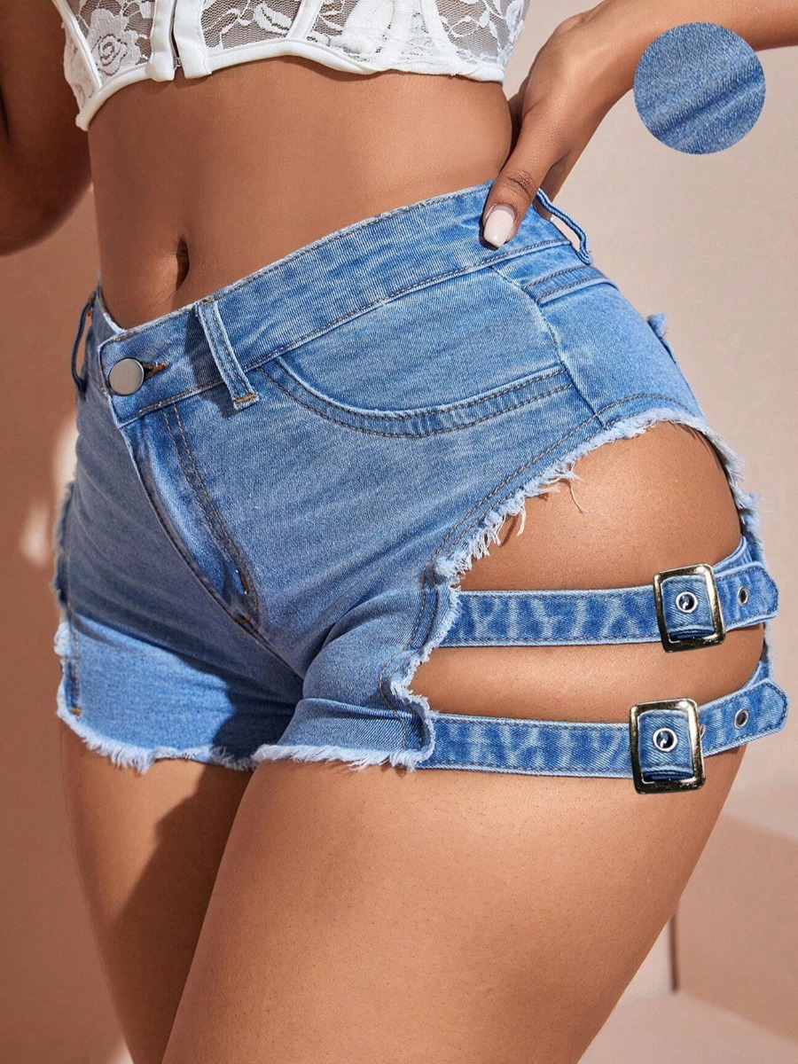 LW Raw Edge Buckle Design Micro Elasticity Denim Shorts