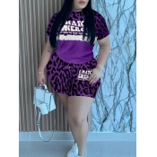 LW Plus Size Leopard Letter Print Drawstring Short