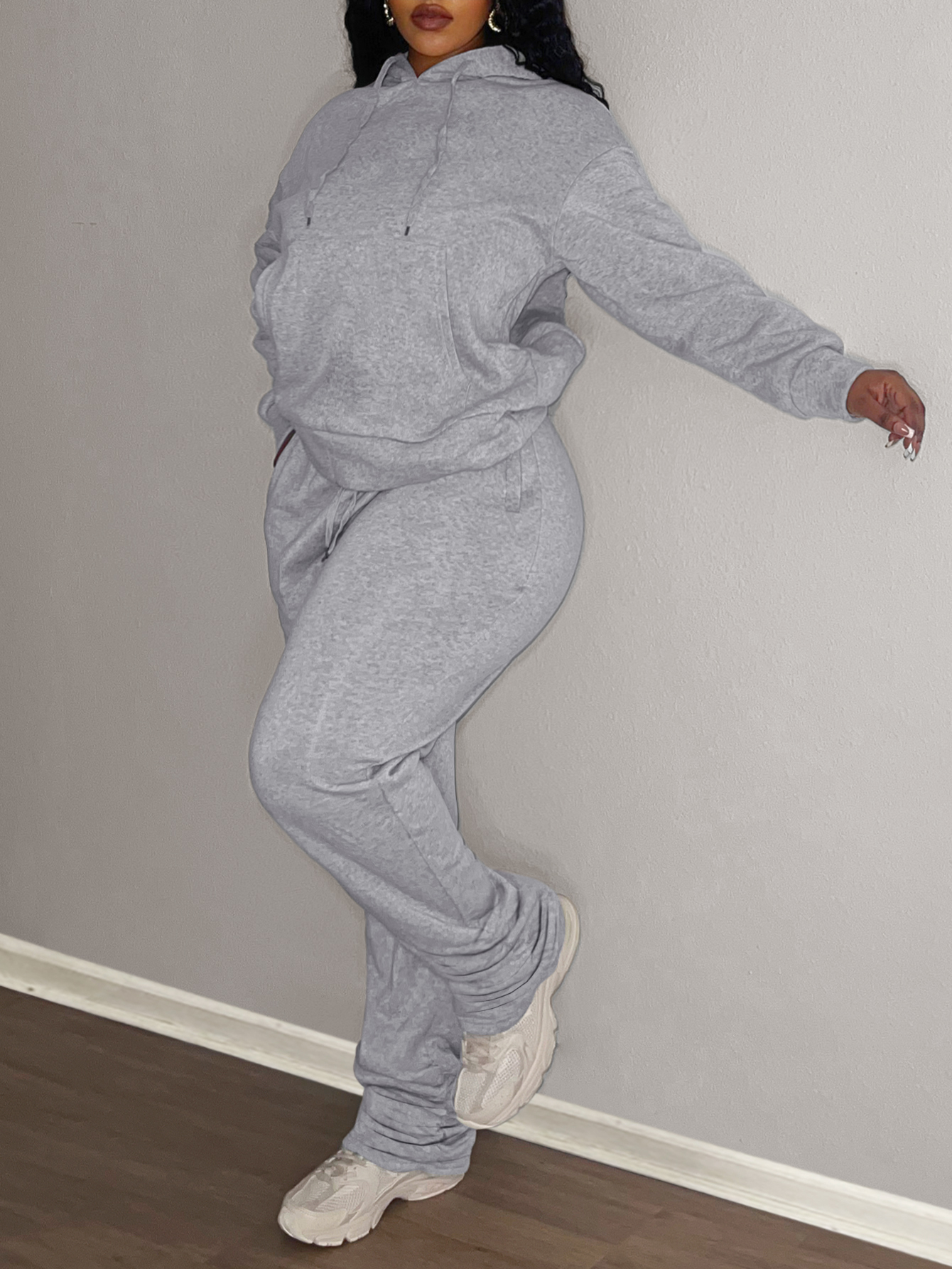 LW Plus Size Hooded Collar Kangaroo Pocket Stacked Tracksuit Set