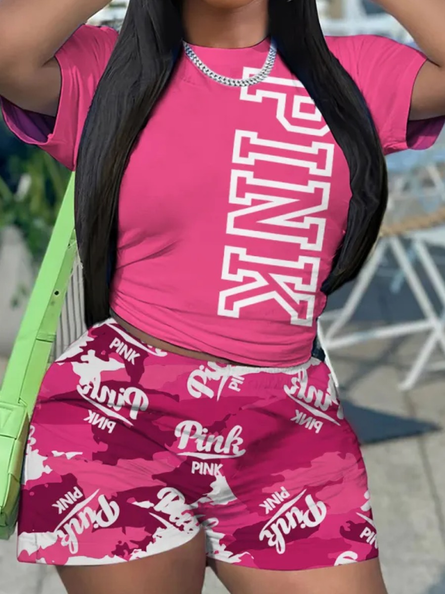 LW Pattern Letter Camo Two-piece Shorts Set