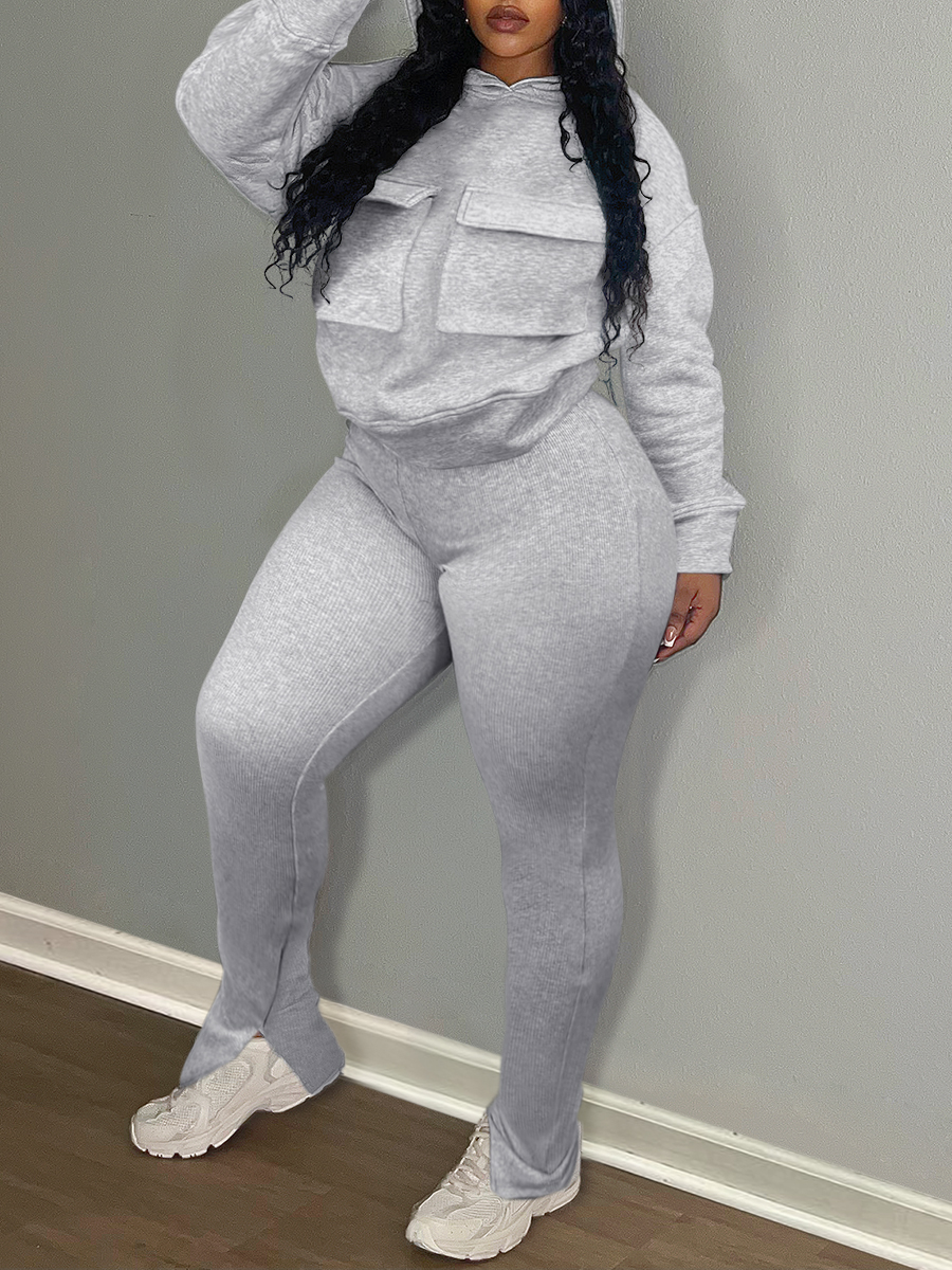 LW Plus Size Hooded Collar Pocket Design Tracksuit Set
