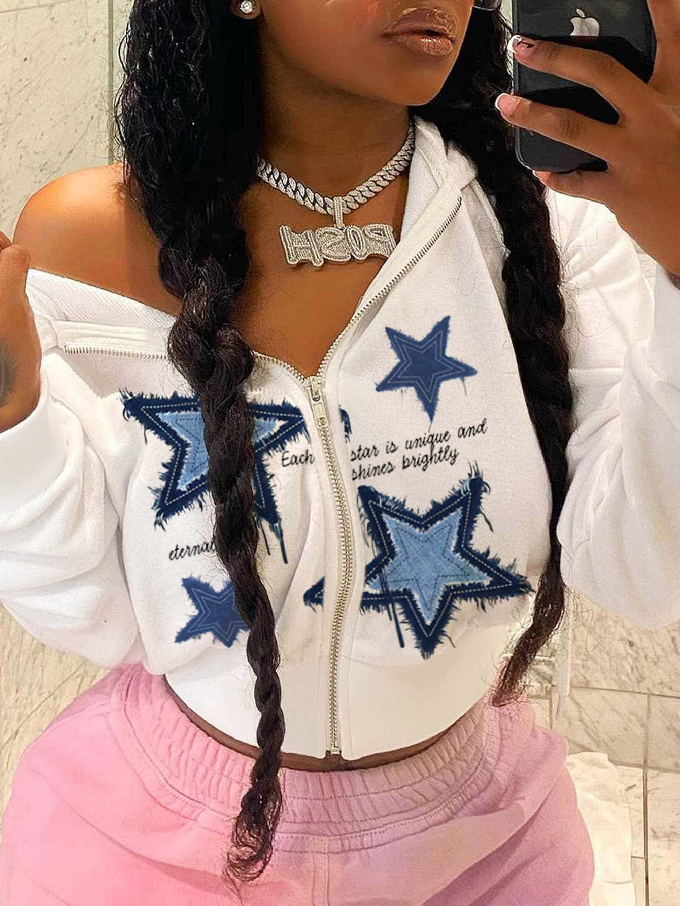 LW Solid Color Zipper Design Mixed Print Hoodie