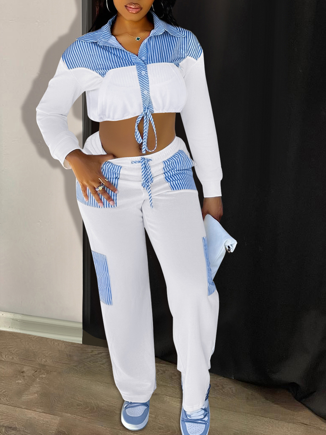 LW BASICS Crop Top Striped Drawstring Pants Set