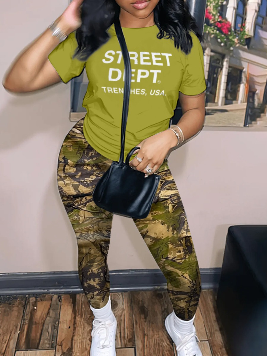 LW Pattern Camo Letter Print Two-piece Pants Set