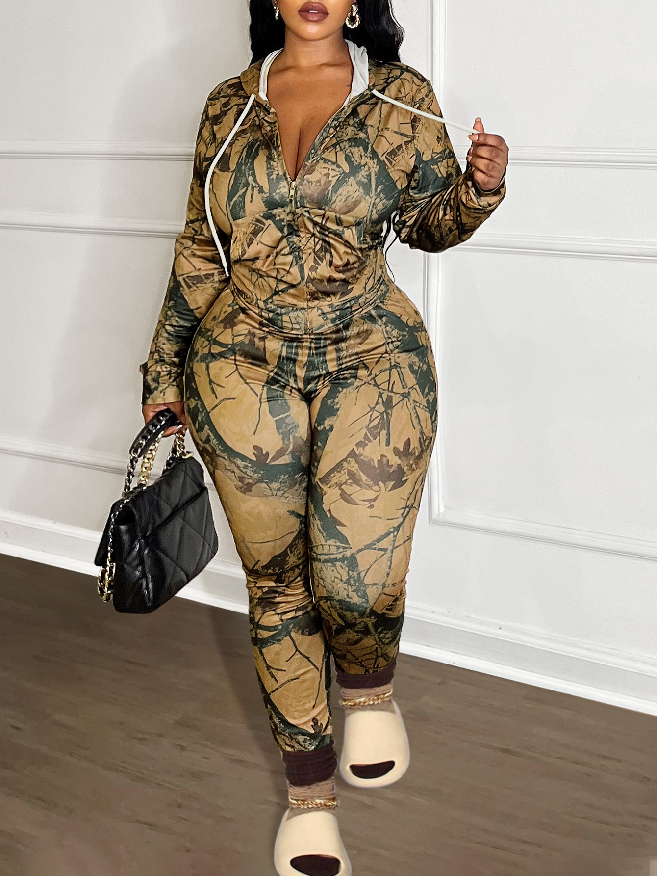 LW Plus Size Hooded Collar Mixed Print Tracksuit Set 4X