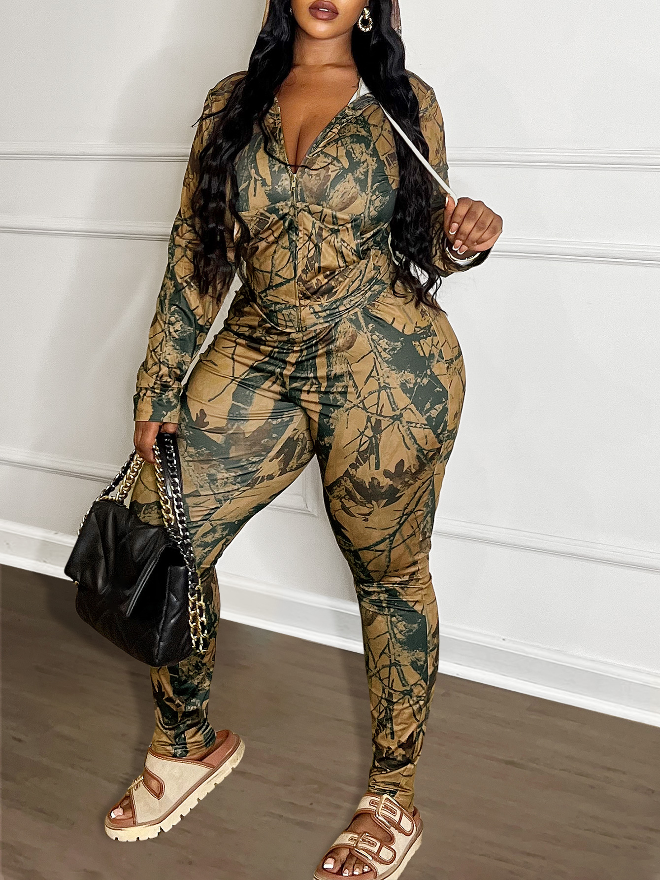 LW Plus Size Hooded Collar Mixed Print Tracksuit Set 4X