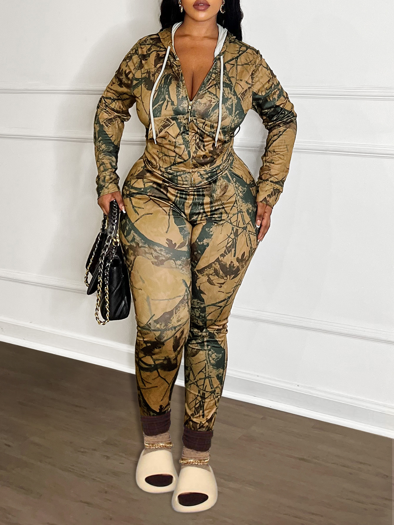 LW Plus Size Hooded Collar Mixed Print Tracksuit Set 4X