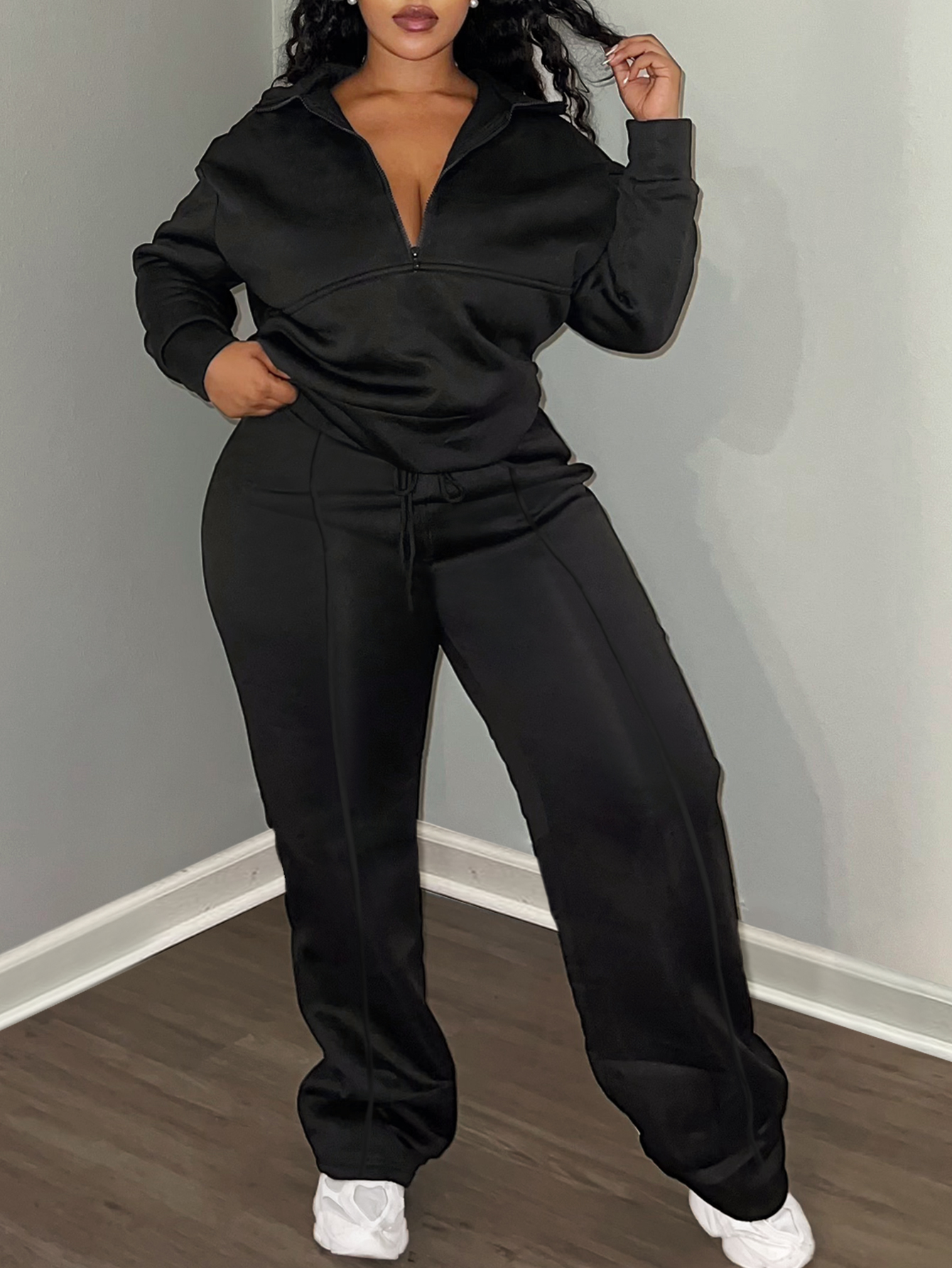 LW Plus Size Zipper Design Solid Color Two-piece Pants Set