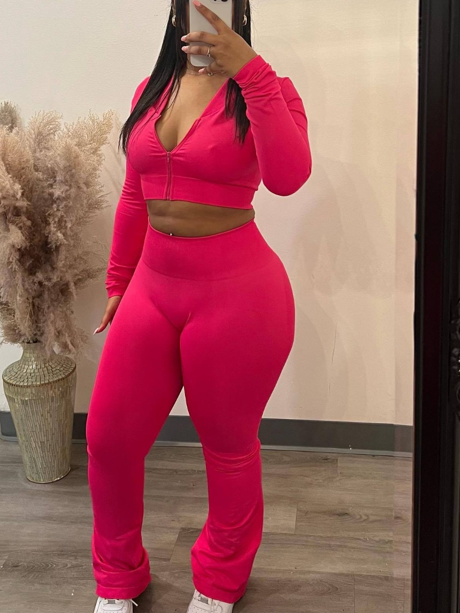 LW BASICS Zipper Design Solid Color Two-piece Pants Set