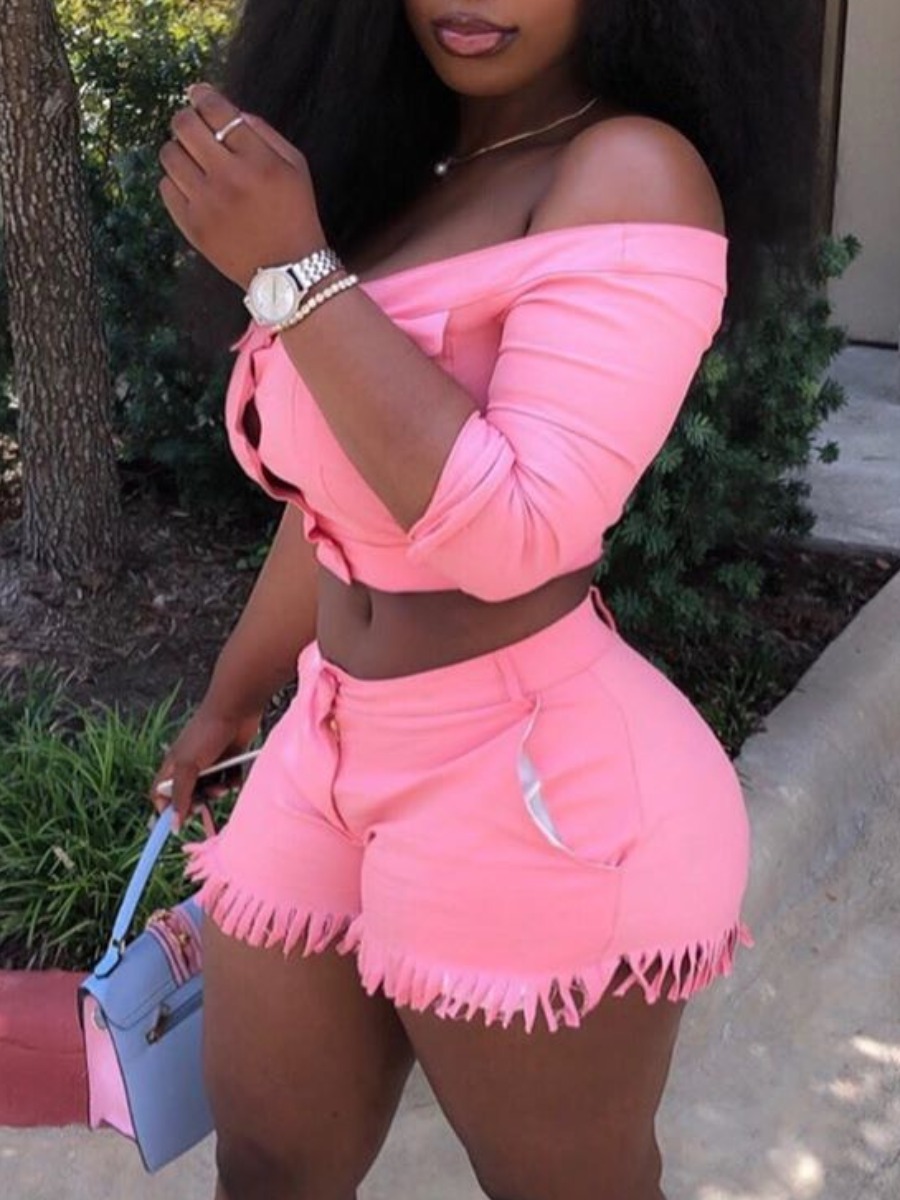 LW Casual Polyester Bateau Neck Tassel Design Solid Color Long Sleeve Two-piece Shorts Set