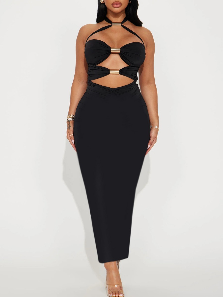 LW SXY Metal Decoration Solid Color Maxi Dress