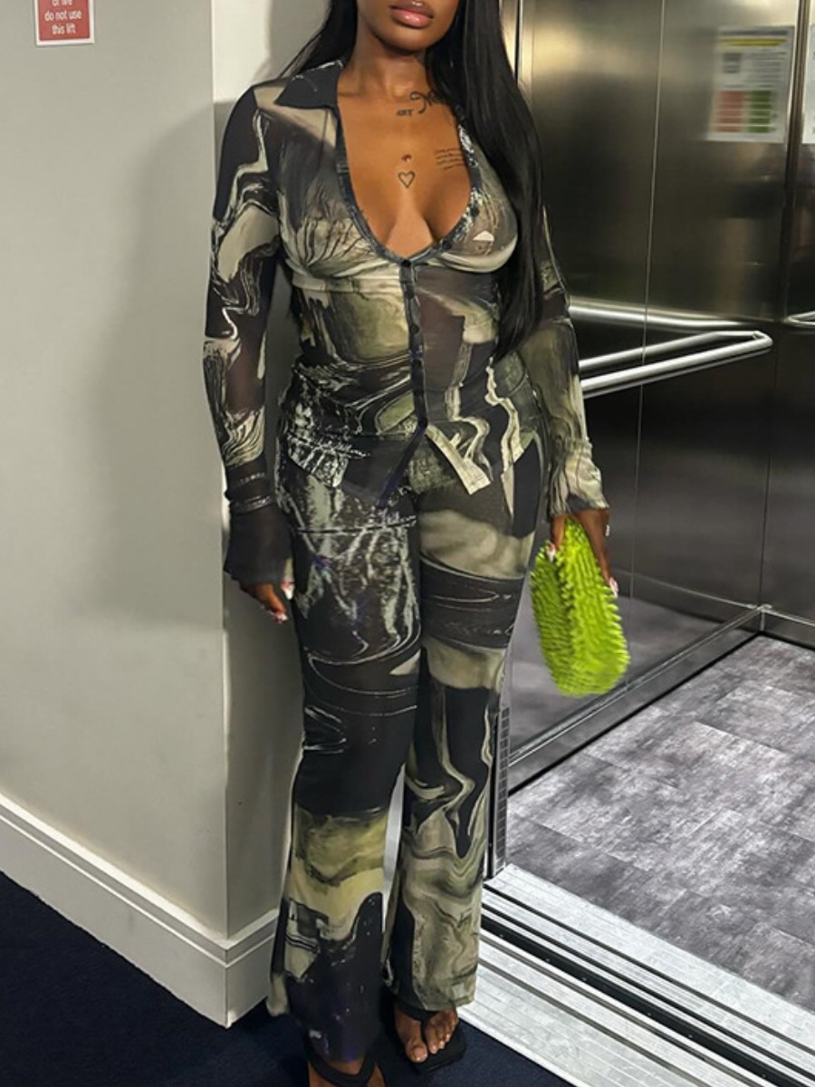 LW Casual Polyester V Neck Pattern Mixed Print Long Sleeve Two-piece Pants Set