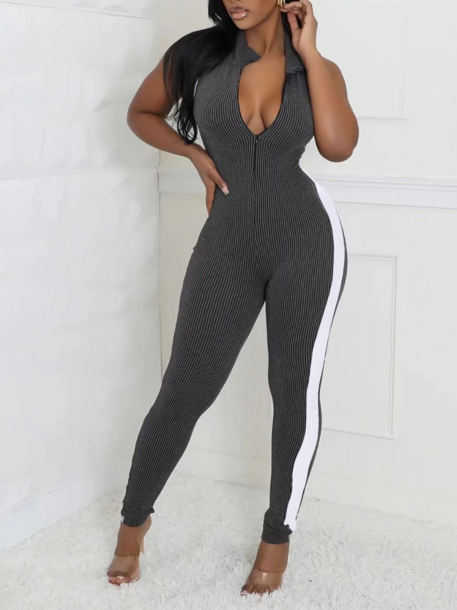 LW BASICS Zipper Design Solid Color Jumpsuit