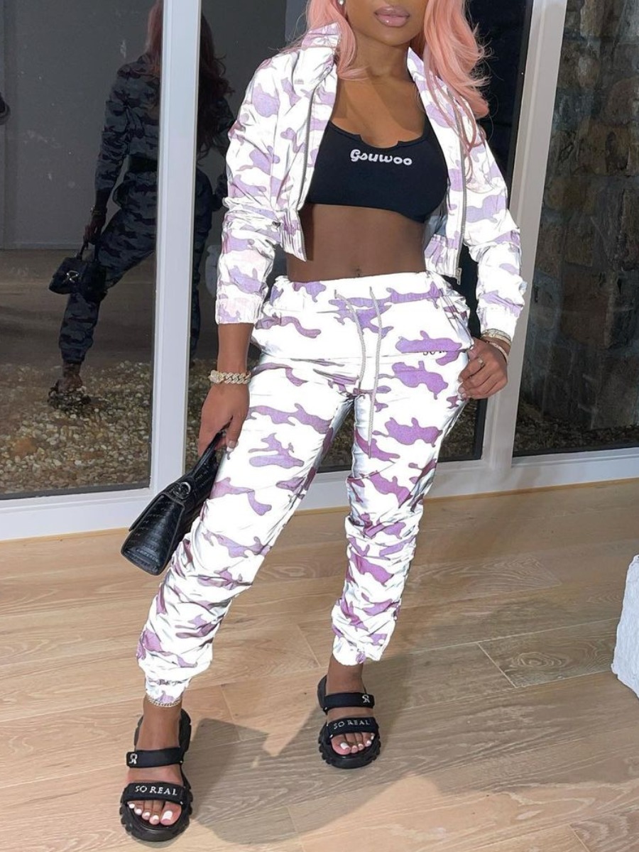 LW Casual Polyester Turndown Collar Pattern Geometric Long Sleeve Two-piece Pants Set
