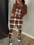 LW Casual Twilled Satin Round Neck Patchwork Mixed Print Three Quarter Two-piece Pants Set