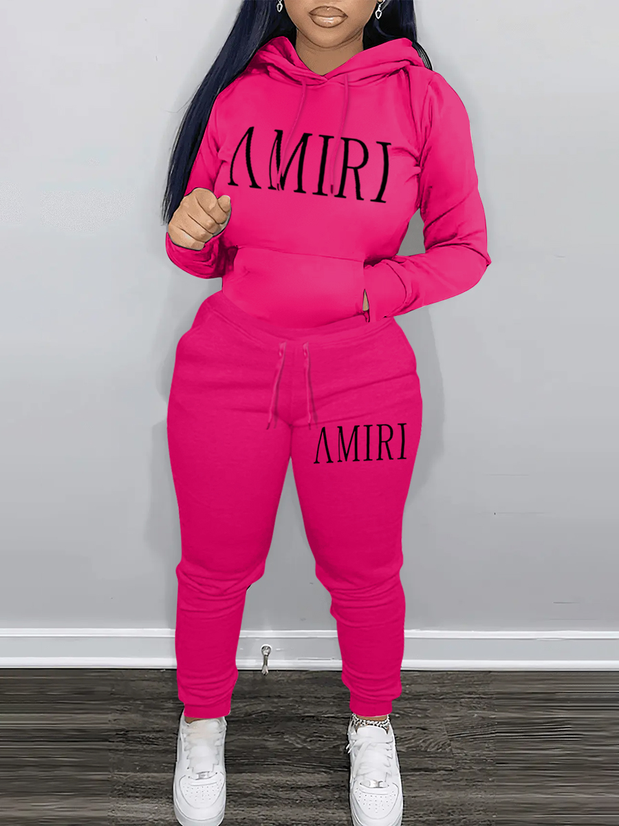 LW Casual Sweat Hooded Collar Pattern Letter Long Sleeve Two-piece Pants Set