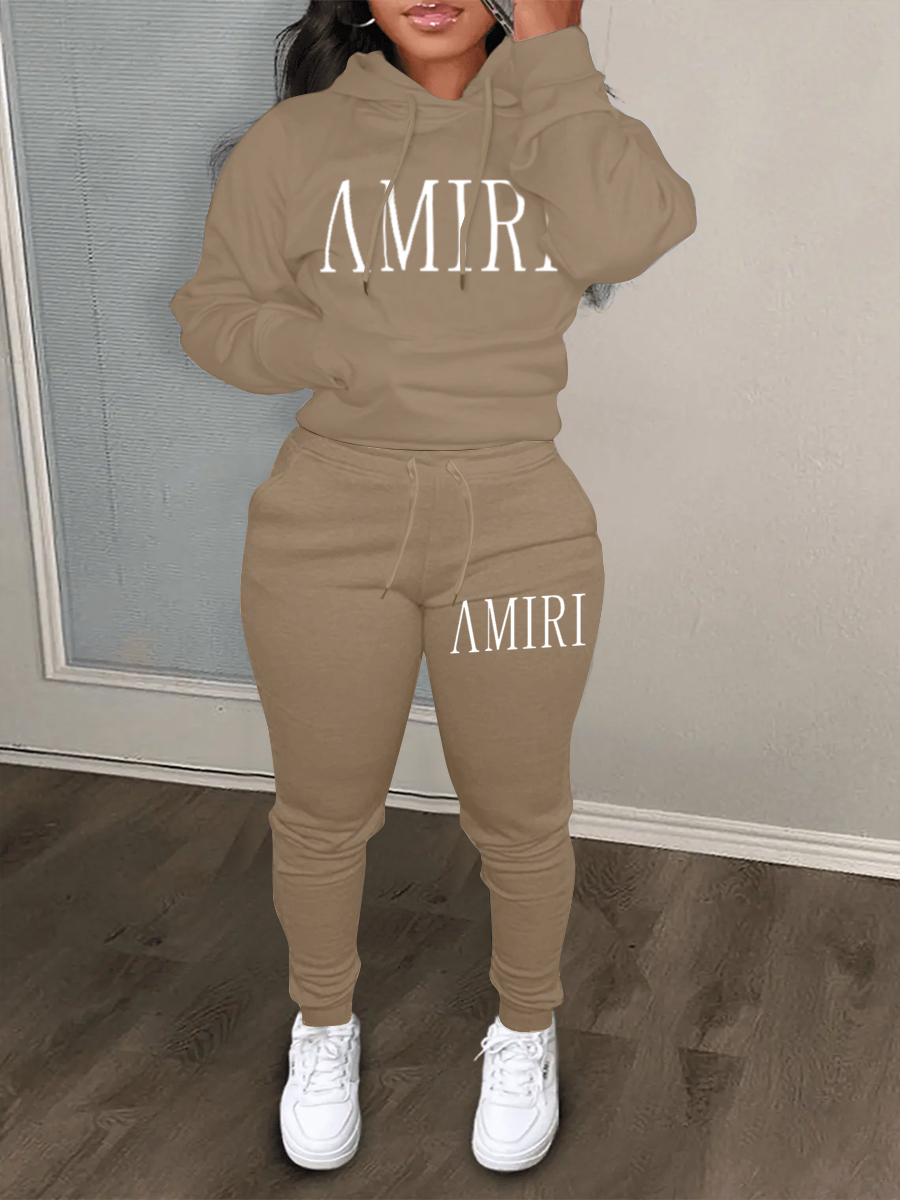 LW Casual Sweat Hooded Collar Pattern Letter Long Sleeve Two-piece Pants Set