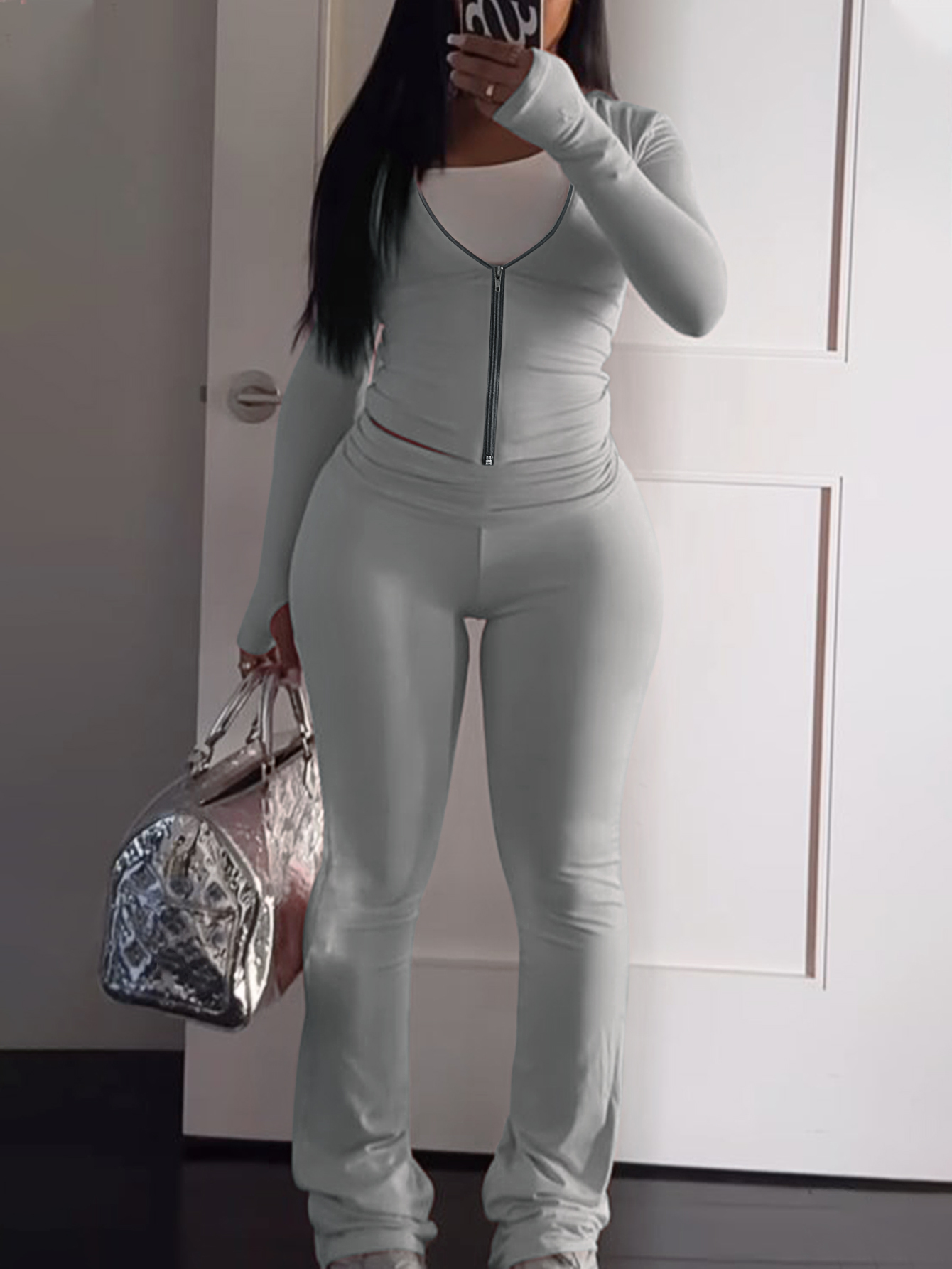 LW Sporty Spandex Mandarin Collar Solid Color Long Sleeve Two-piece Pants Set