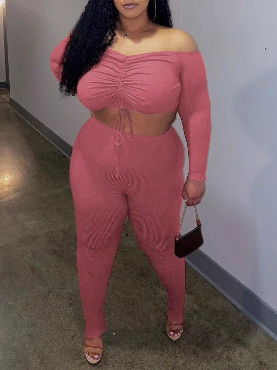LW BASICS Plus Size Drawstring Solid Color Two-piece Pants Set