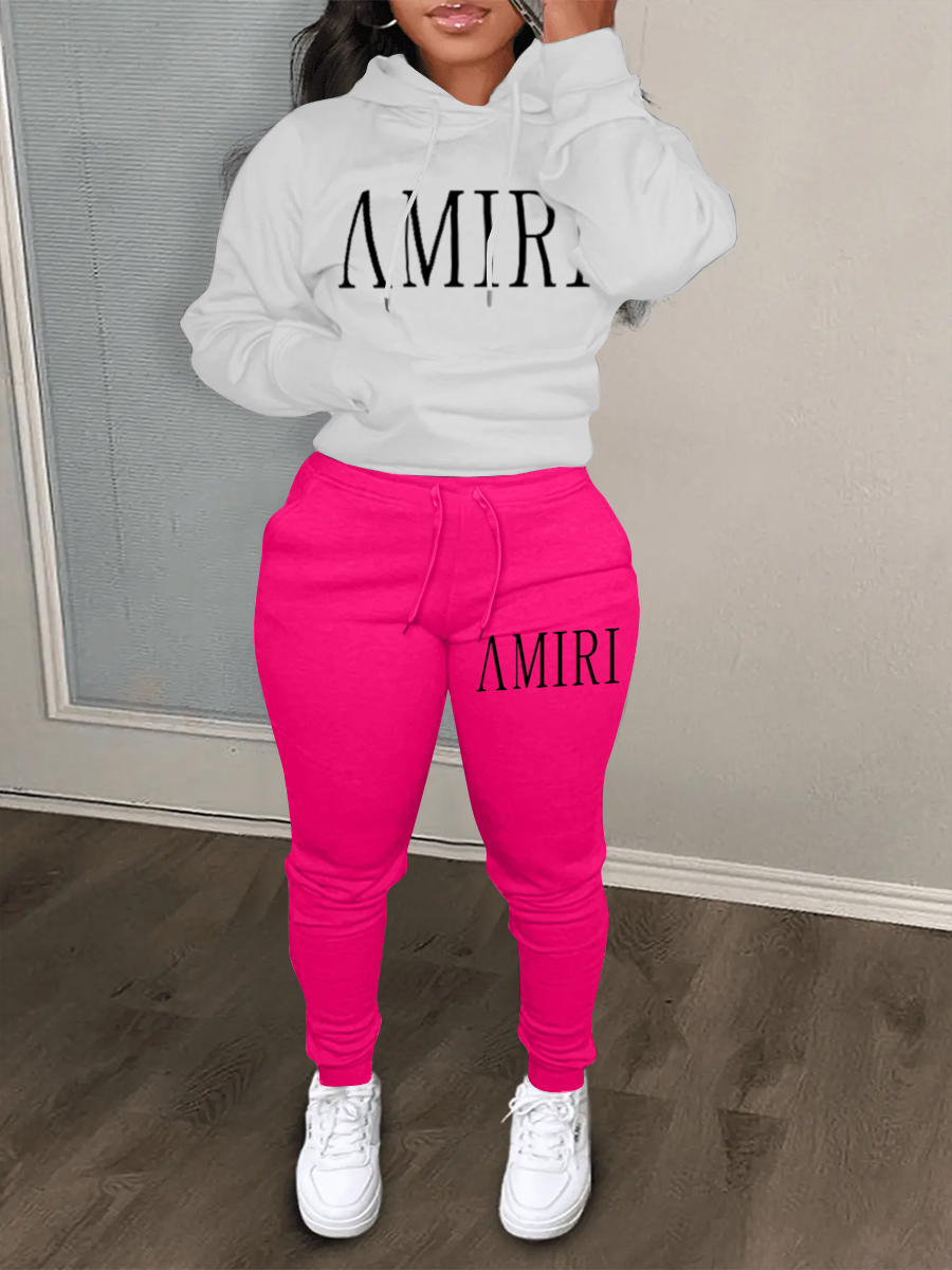 LW Casual Sweat Hooded Collar Pattern Letter Long Sleeve Two-piece Pants Set