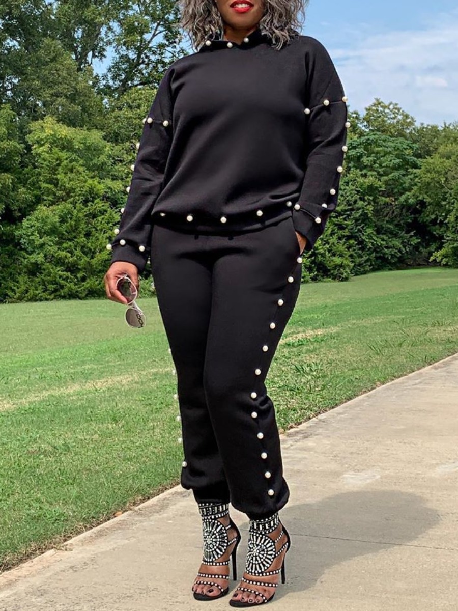 LW Casual Polyester Hooded Collar Rivets Solid Color Long Sleeve Two-piece Pants Set