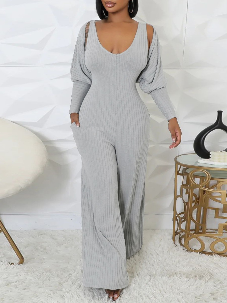 LW BASICS Casual Polyester V Neck Solid Color Long Sleeve Two-piece Pants Set