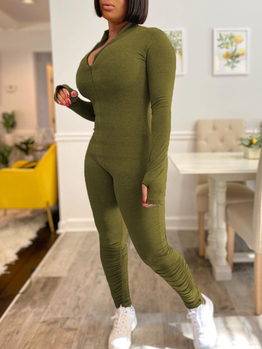 LW BASICS Zipper Design Solid Color Jumpsuit