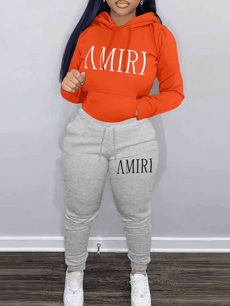 LW Casual Sweat Hooded Collar Pattern Letter Long Sleeve Two-piece Pants Set