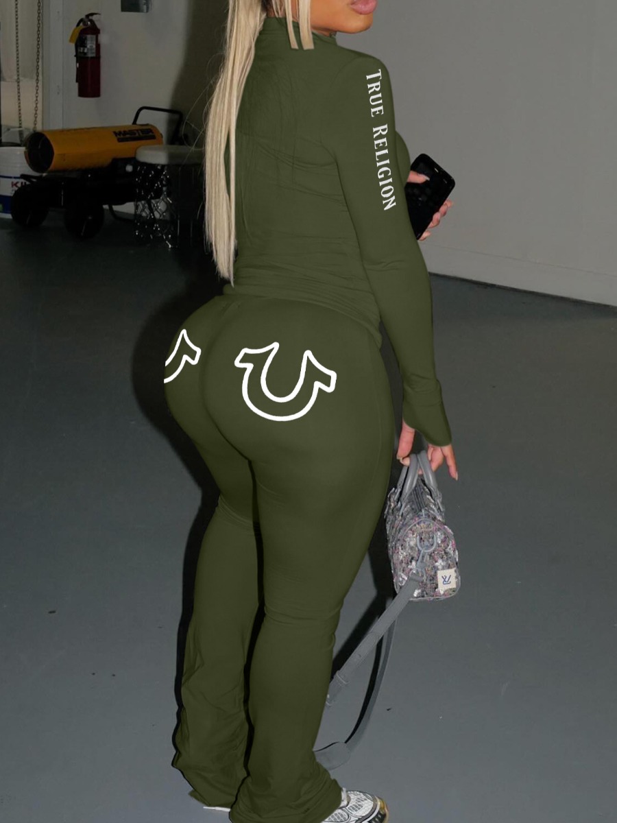 LW Street Polyester Mock Neck Pattern Letter Geometric Long Sleeve Two-piece Pants Set