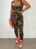 LW Casual Polyester U Neck Cut Out Camo Sleeveless Two-piece Pants Set