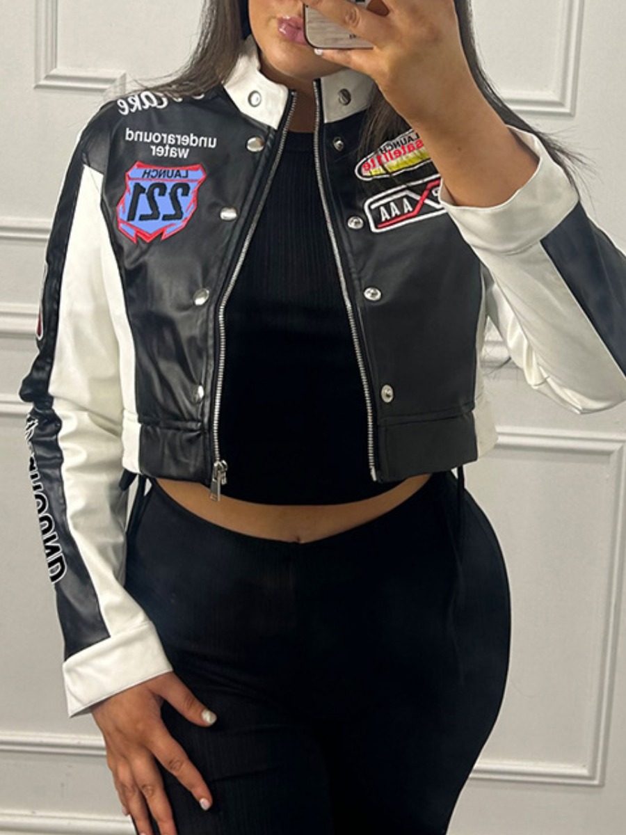 LW Patchwork Zipper Design Color Block Coat&Jacket