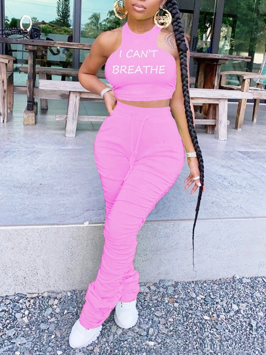LW Casual Polyester Round Neck Pattern Letter Print Sleeveless Two-piece Pants Set