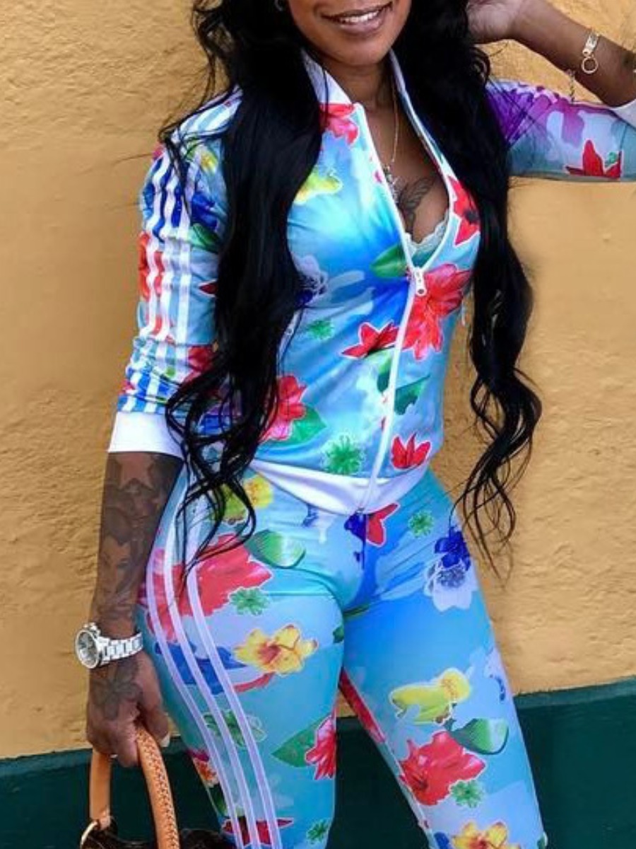 LW Casual Polyester Turndown Collar Pattern Floral Long Sleeve Two-piece Pants Set
