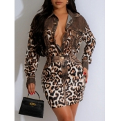 LW Casual Polyester Turndown Collar Patchwork Leop
