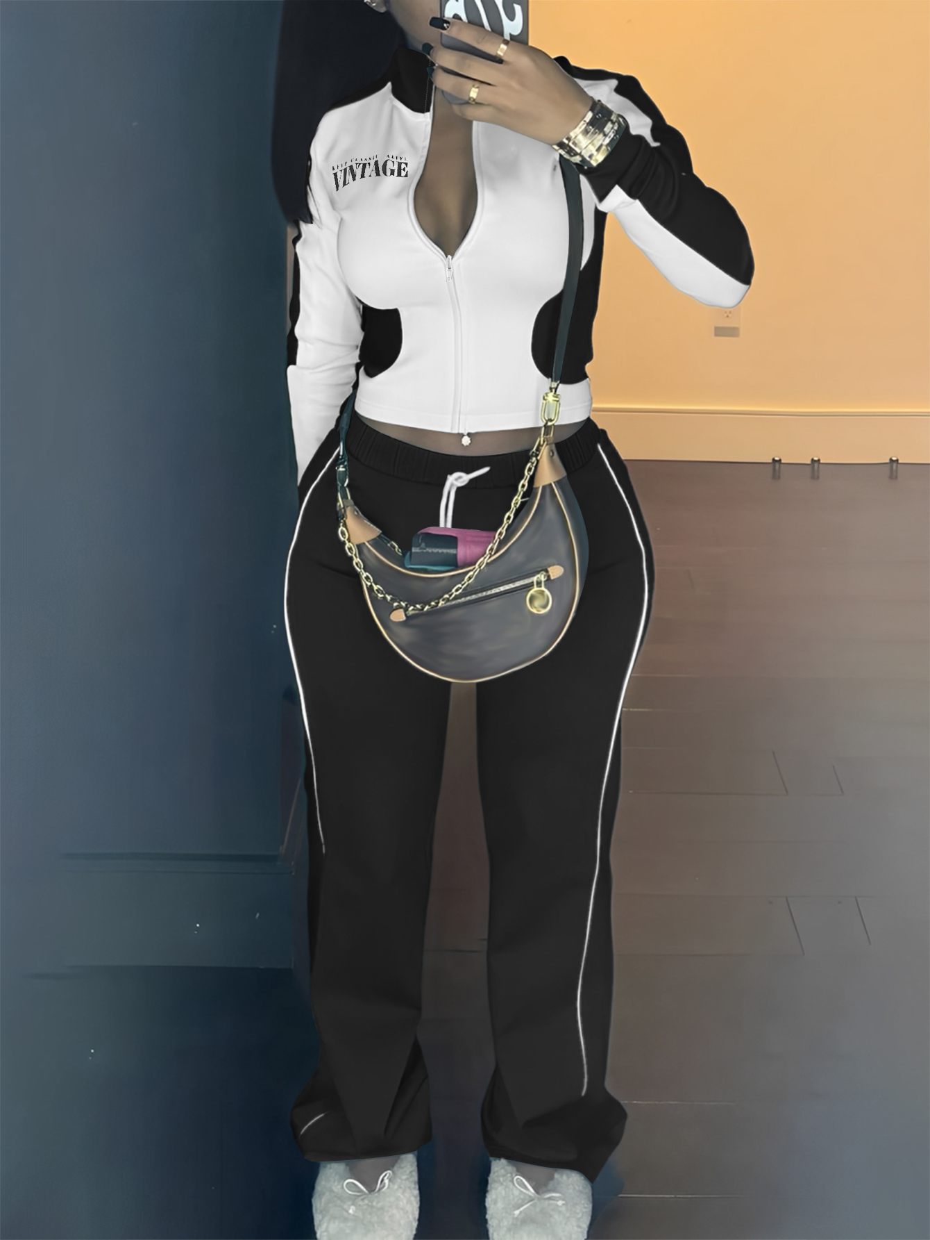 LW Casual Sweat Mandarin Collar Patchwork Letter Long Sleeve Black And White Two-piece Pants Set