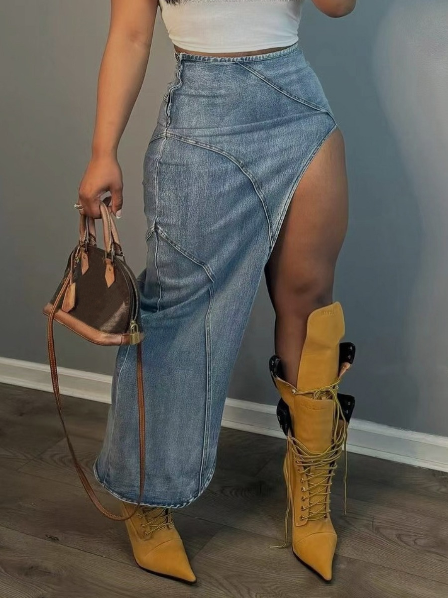 LW COTTON Solid Color Micro Elasticity Denim Skirt