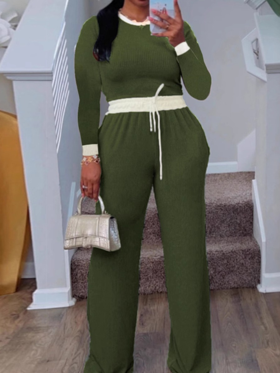 LW BASICS Casual Polyester Round Neck Drawstring Solid Color Long Sleeve Two-piece Pants Set