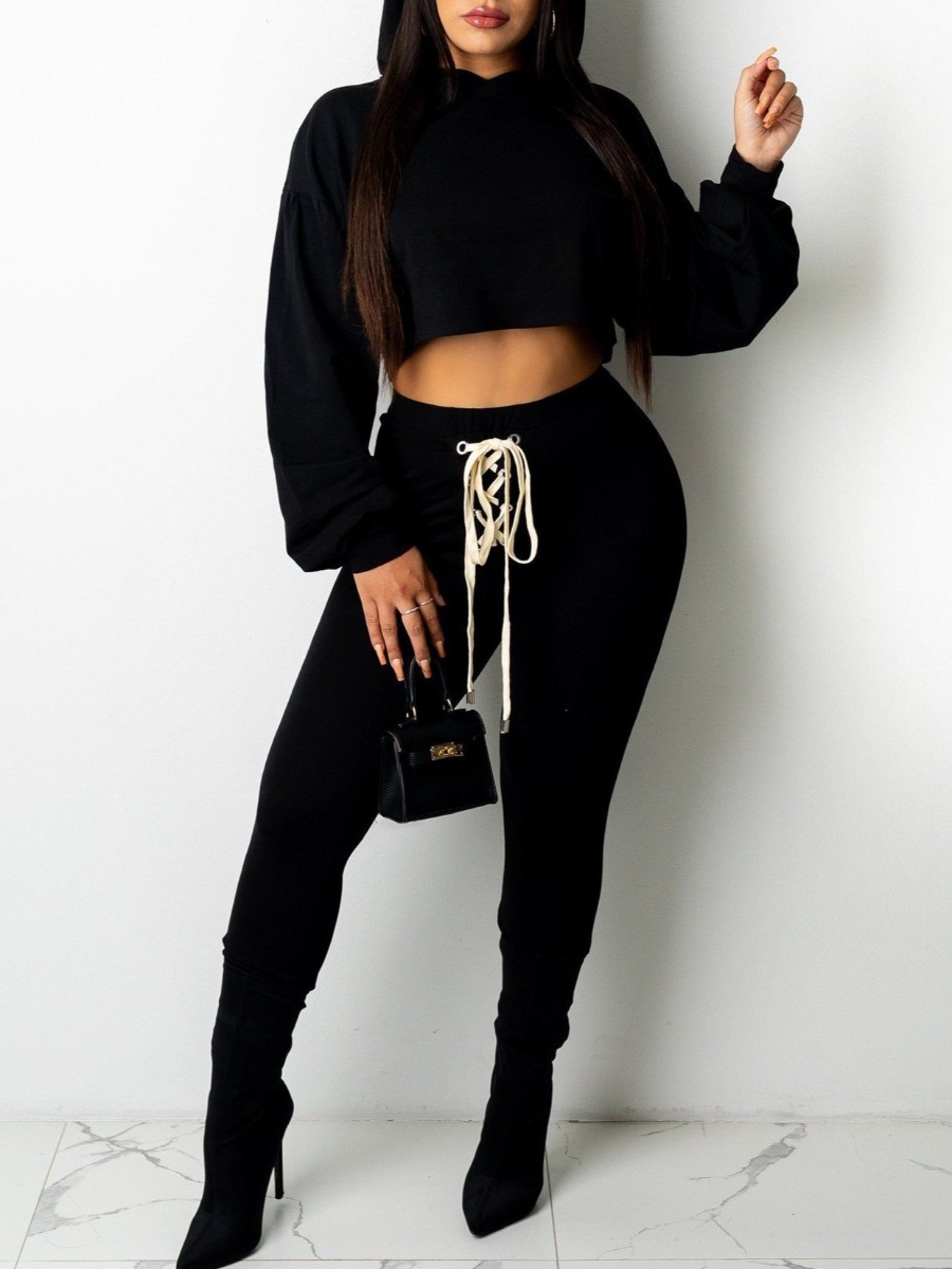 LW BASICS Casual Polyester Hooded Collar Bandage Design Solid Color Long Sleeve Two-piece Pants Set