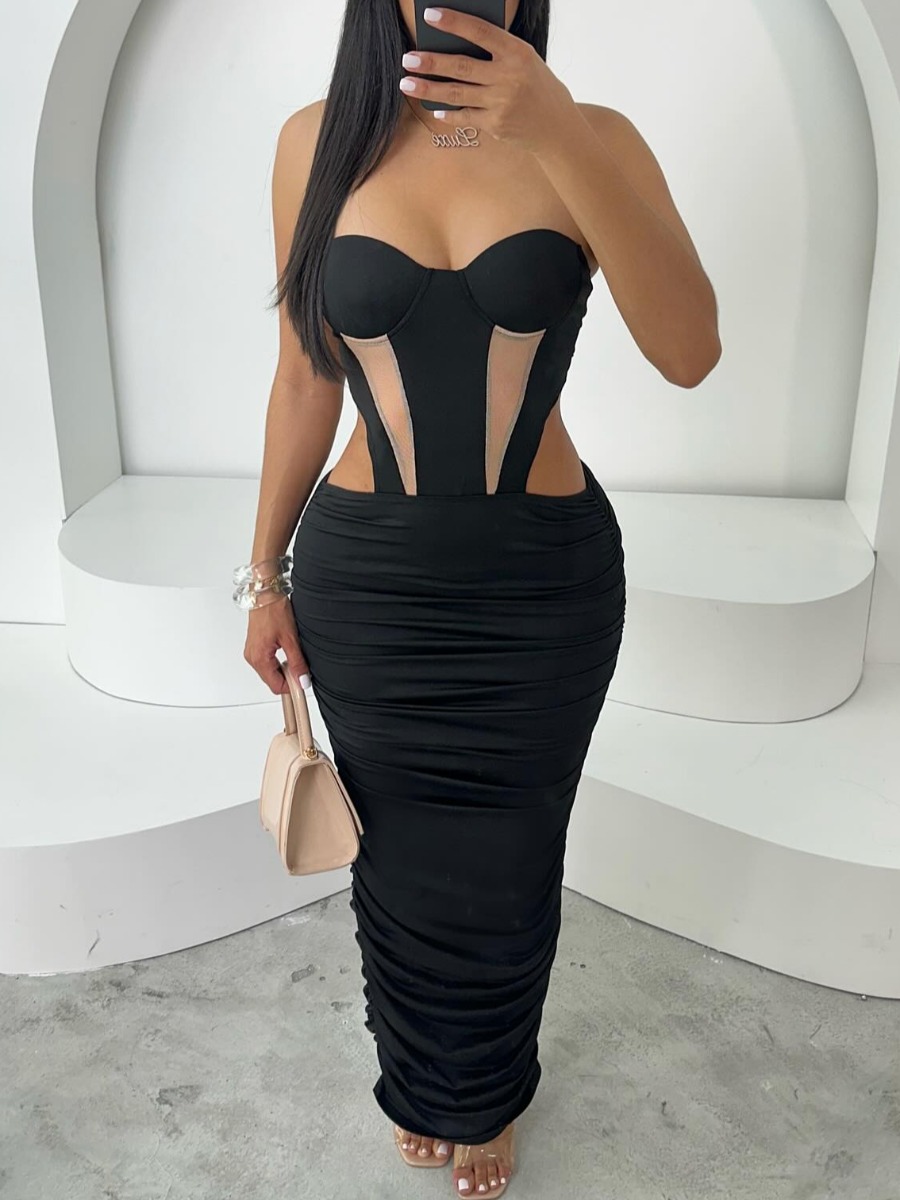 LW Mesh Patchwork Solid Color Prom Dress