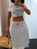 LW BASICS Casual Polyester Round Neck Solid Color Short Sleeve Two-piece Skirt Set