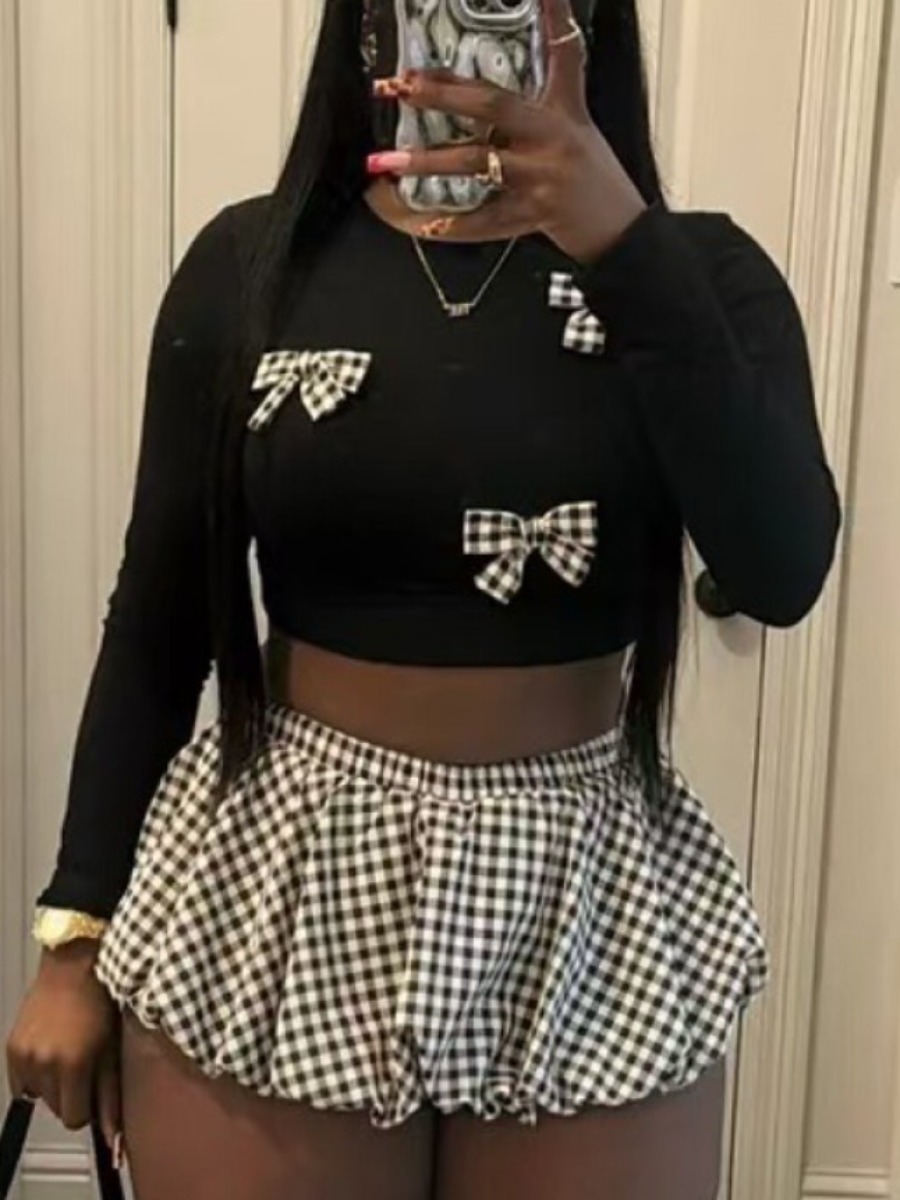 LW Casual Polyester Round Neck Bow Plaid Long Sleeve Two-piece Skirt Set