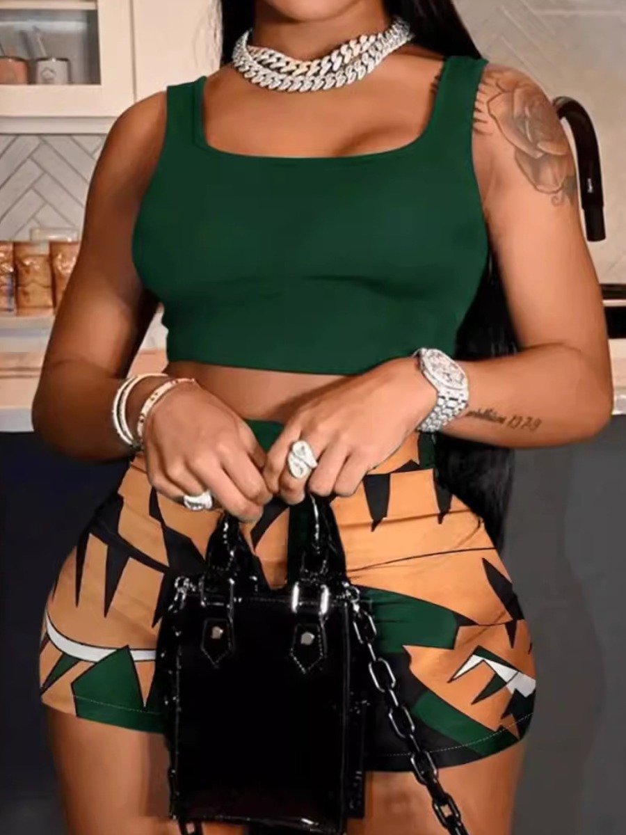 LW Plus Size Pattern Plant Two-piece Shorts Set