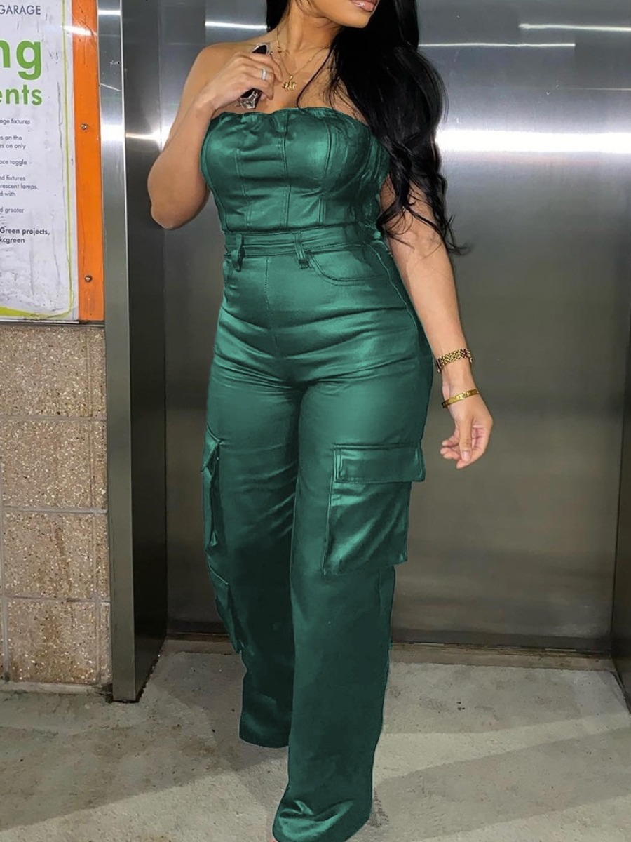 LW SXY Pocket Design Solid Color Regular Jumpsuit