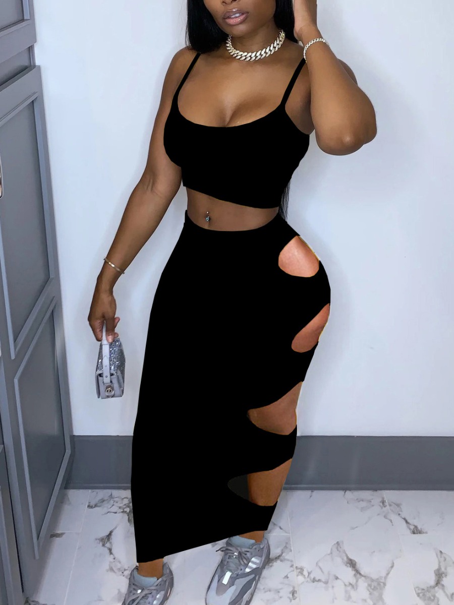 LW SXY Sxy Polyester U Neck Cut Out Solid Color Sleeveless Two-piece Skirt Set