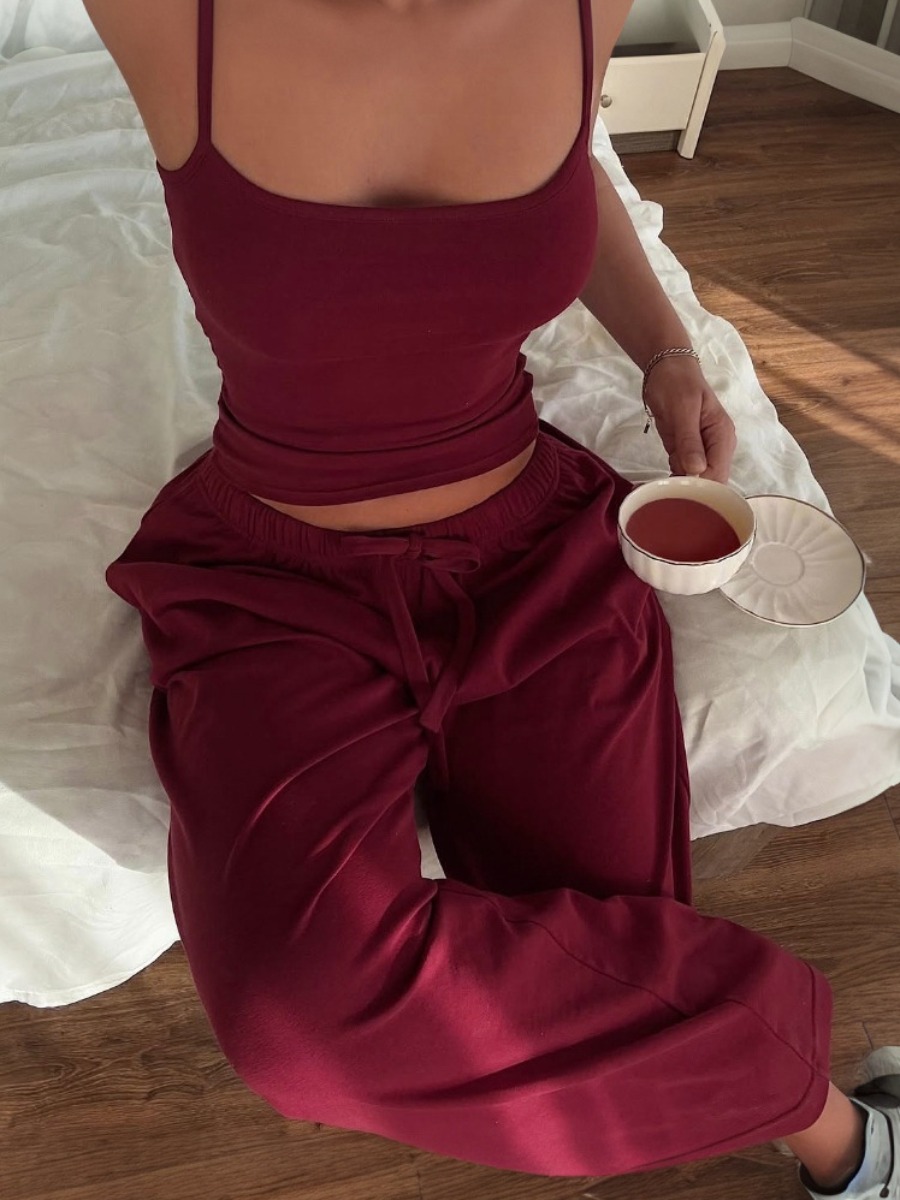 LW BASICS Casual Polyester U Neck Solid Color Sleeveless Two-piece Pants Set