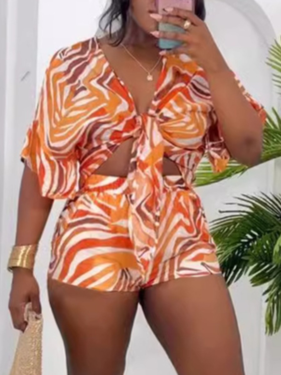 LW Vacation Polyester V Neck Bandage Design Geometric Pattern Short Sleeve Two-piece Shorts Set