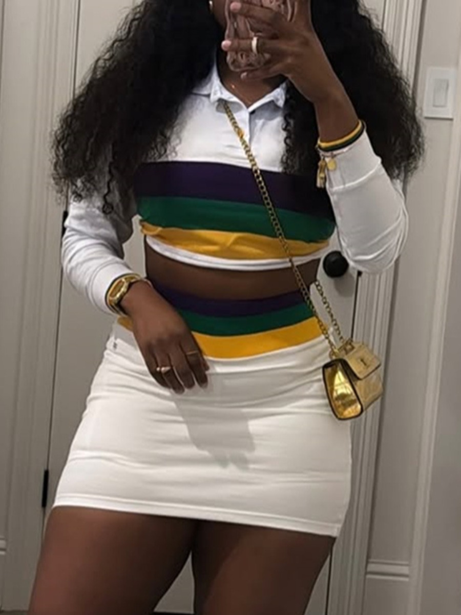 LW Casual Polyester Shirt Collar Patchwork Striped Long Sleeve Two-piece Skirt Set