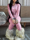 LW BASICS Casual Milk Fiber Hooded Collar Pattern Leopard Long Sleeve Two-piece Pants Set