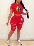 LW Casual Polyester Round Neck Ripped Lip Print Short Sleeve Two-piece Shorts Set